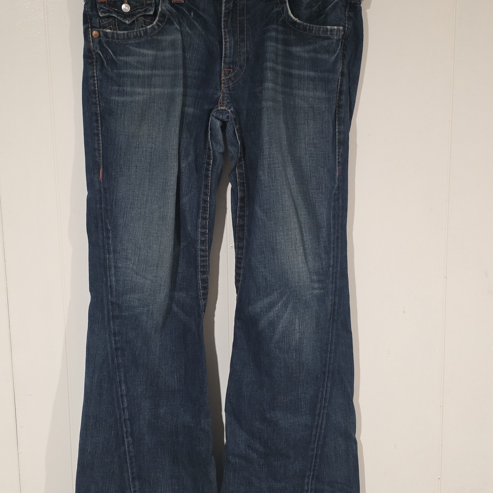 Y2K True Religion Women's Dark Wash Wide Asymmetrical Twisted Leg Judy 36 X 33.